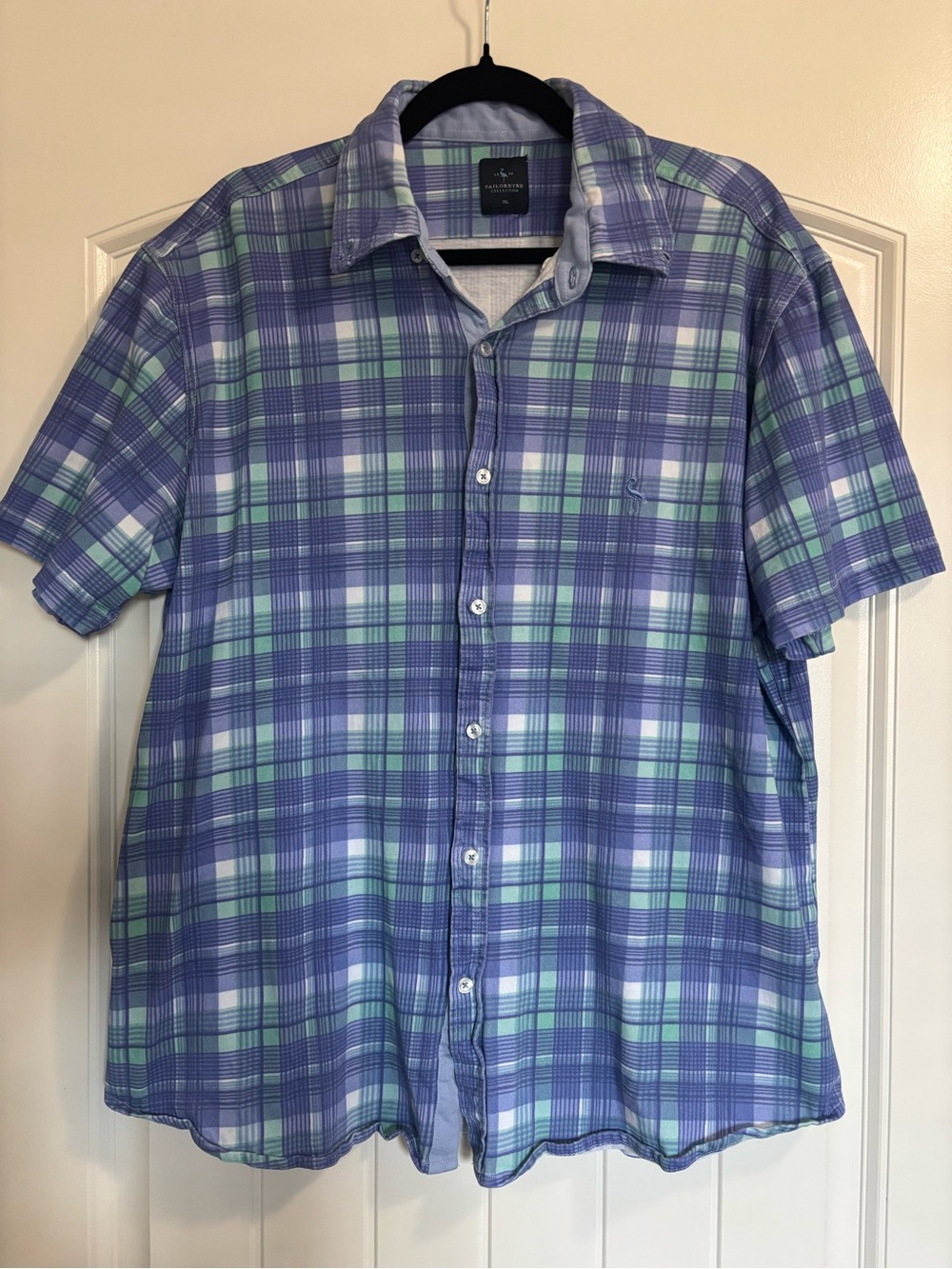 Tailorbyrd Men’s Blue & Mint Plaid Short Sleeve Button-Down
